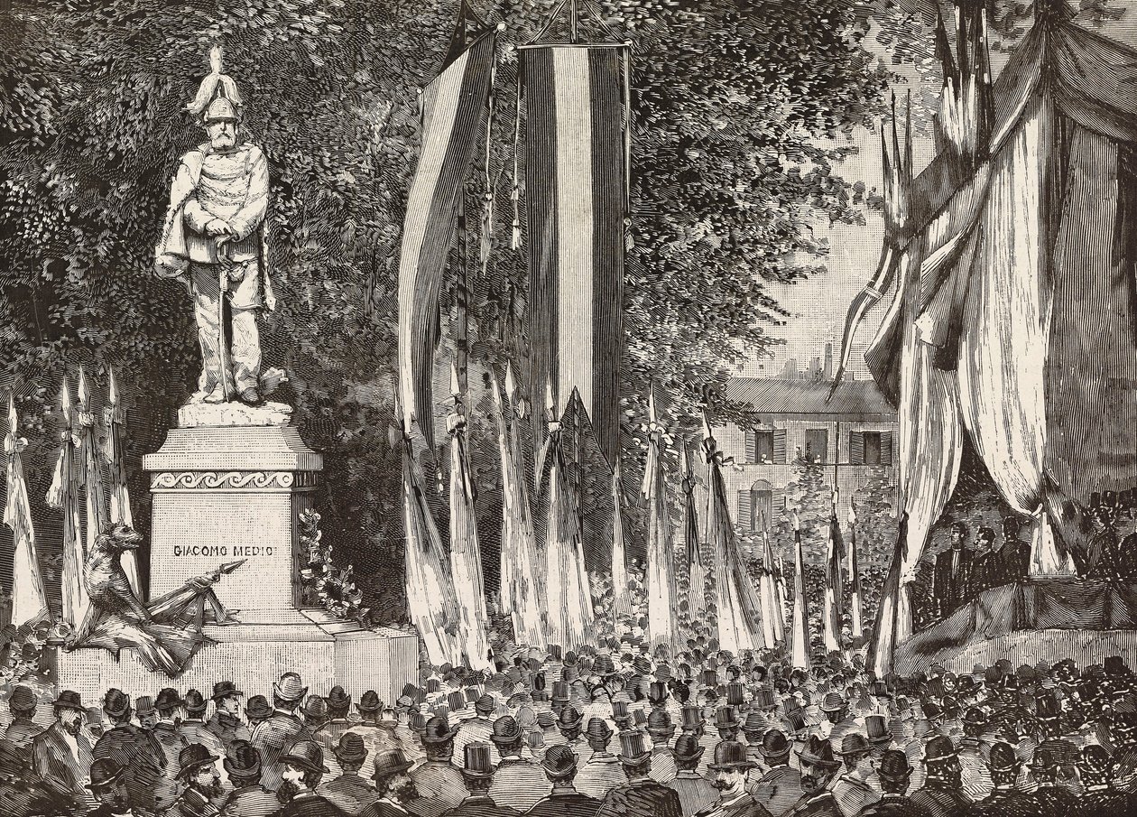 Revelação do monumento ao General Giacomo Medici, Milão, Itália, gravura de desenho de Edoardo Ximenes da fotografia Rossi, de L