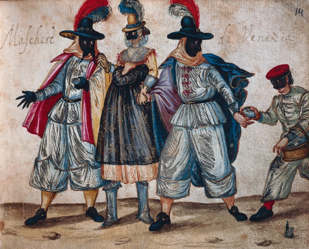 Personagens venezianos mascarados durante o Carnaval de Italian School