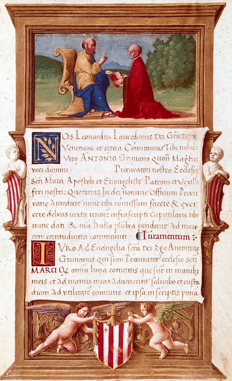 Veneza: Comissão de Doge Antonio Grimani (1434-1523), Procurador de San Marco (Saint Mark) Página do manuscrito do século XVI. Veneza, Museo Correr de Italian School