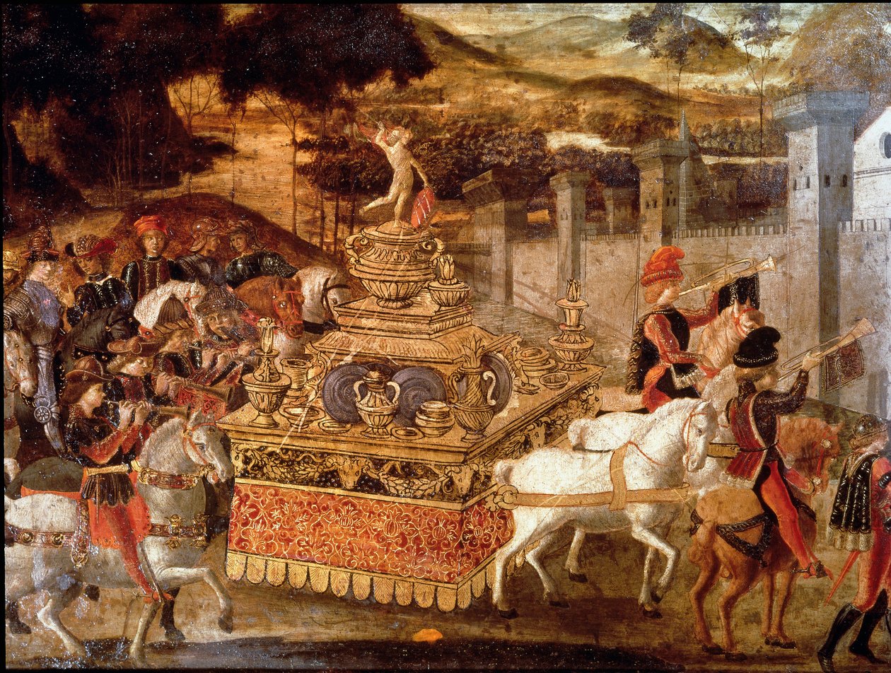 Vitória de Lucius Aemilius Paullus ou Paul Emile the Macedonian (ca. 230-160 AC) sobre Persee King of Macedonian Detalhe da procissão e da carruagem triunfante. Pintura da escola florentina do século XV. Paris, Musee Jacquemart Andre de Italian School