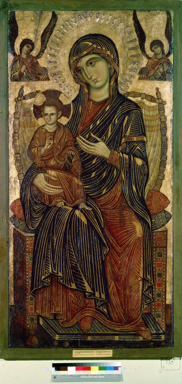 "Virgem e Criança entronizados" O ombro de Jesus Cristo é marcado com uma cruz. Pintura anónima de um artista de Pisa. Tempera sobre madeira. Cerca de 1280 Museu Pushkin, Moscovo de Italian School