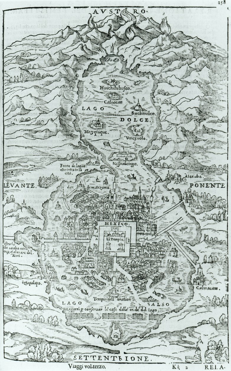 Vista do norte da cidade asteca de Tenochtitlan, de Relatione della Città del Temistitan por Giovanni Battista Ramusio (1485-1557) publicado em Veneza 1606 de Italian School