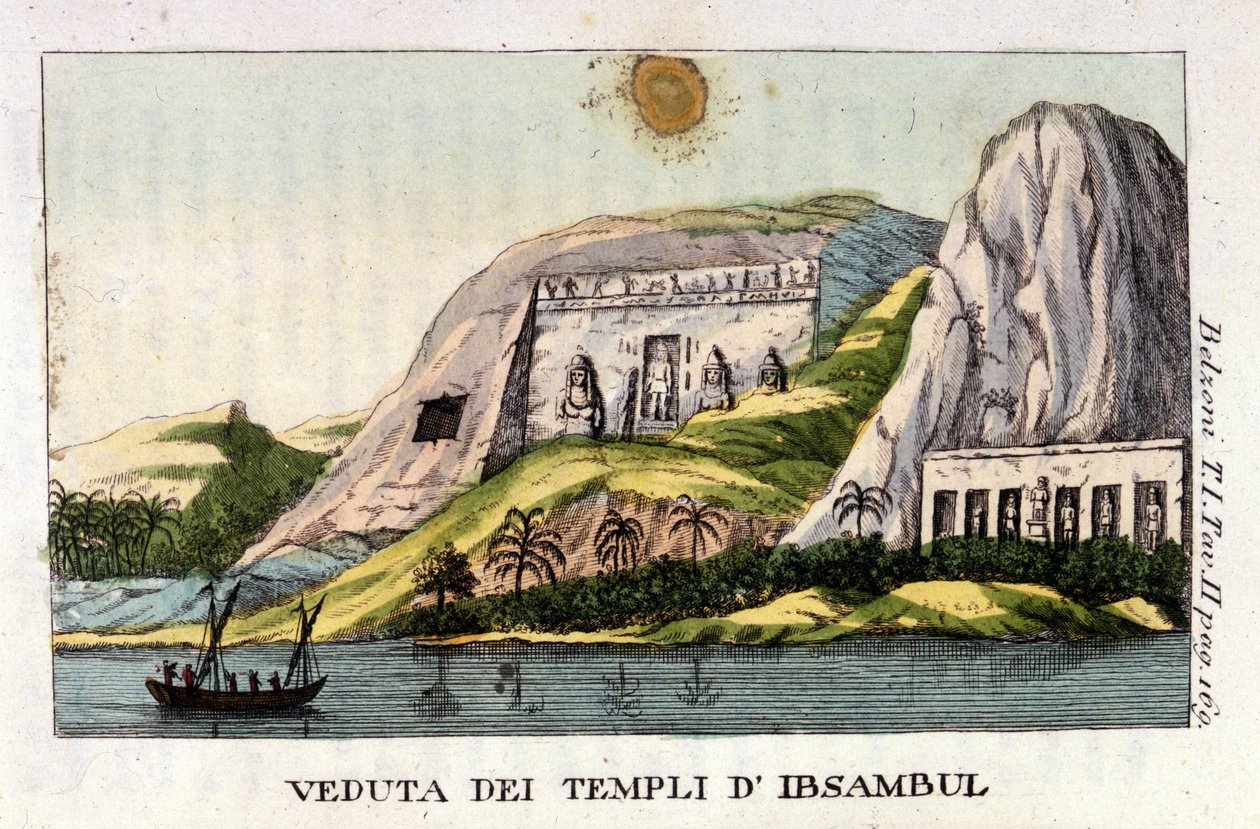 Vista do Templo Abu Simbel. O autor Giovanni Battista (Gianbattista) Belzoni (1778-1823), é um explorador e arqueólogo italiano, fez importantes descobertas arqueológicas no Egito. Gravura - em "Viaggio in Egitto e in Nubia" de Belzoni, Milão de Italian School