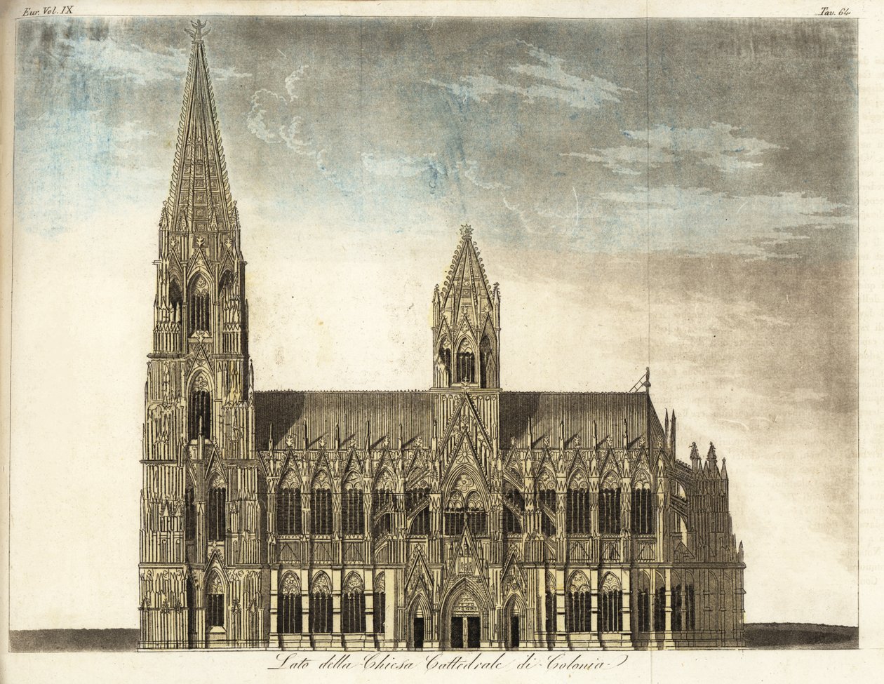 Vista da Catedral de Colónia, Alemanha (gravura em chapa de cobre colorida à mão) de Italian School