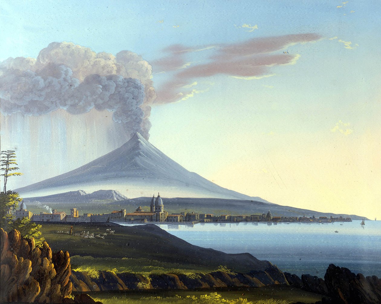 Vista do Monte Etna em erupção de Italian School