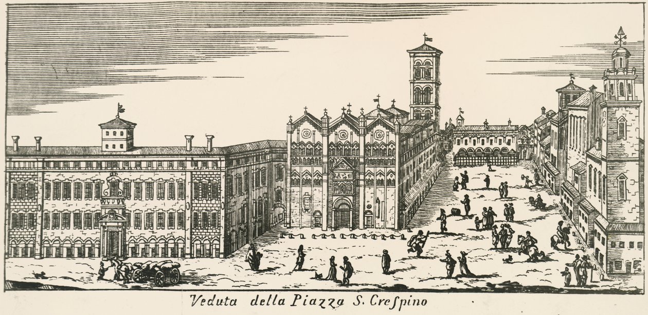 Vista da Catedral da Piazza San Crispino e Ferrara, gravura, Itália de Italian School