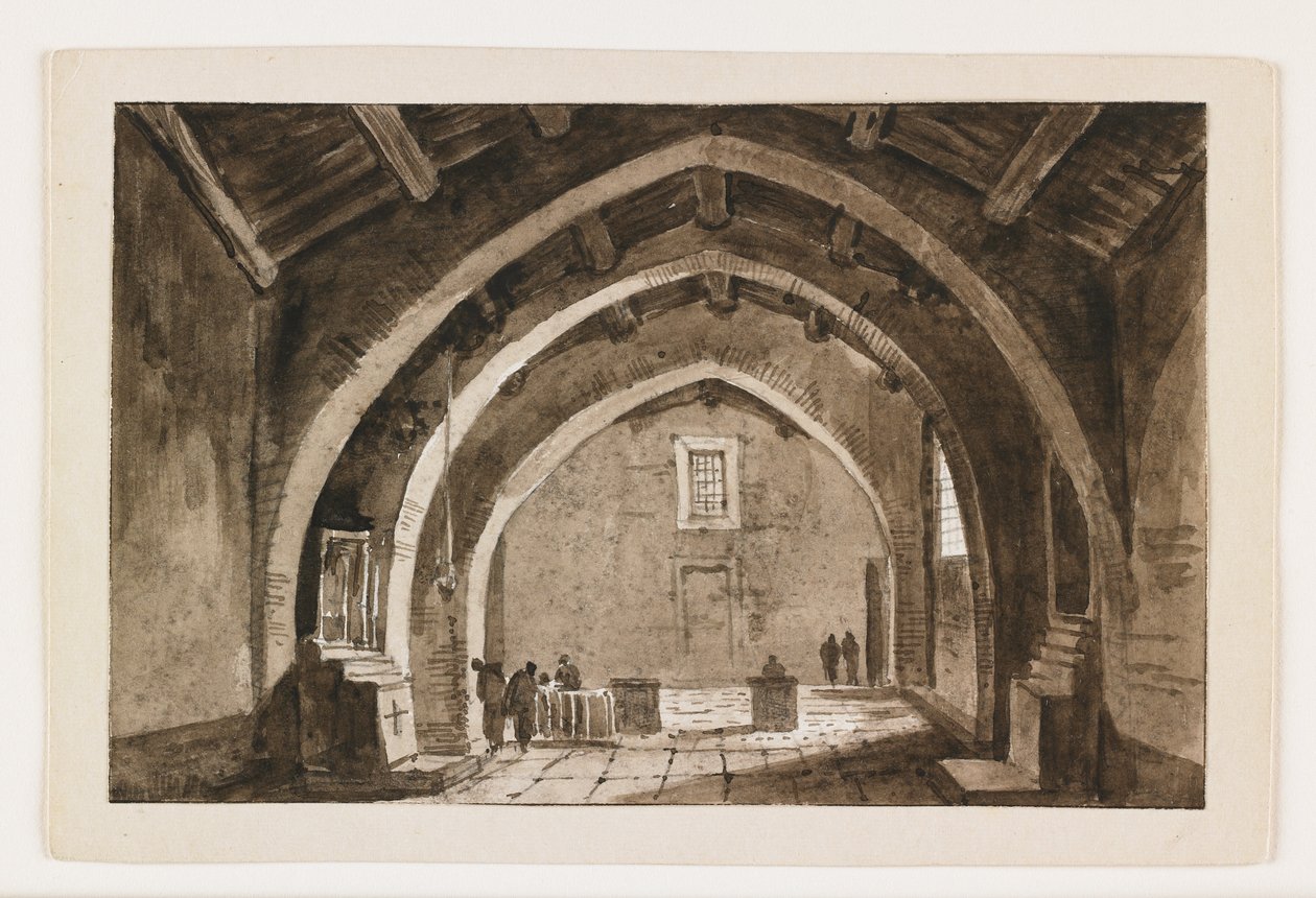 Vista, de, um, igreja interior, cedo, 19o século, (pen & brown, ink & wash, over, black, chalk) de Italian School