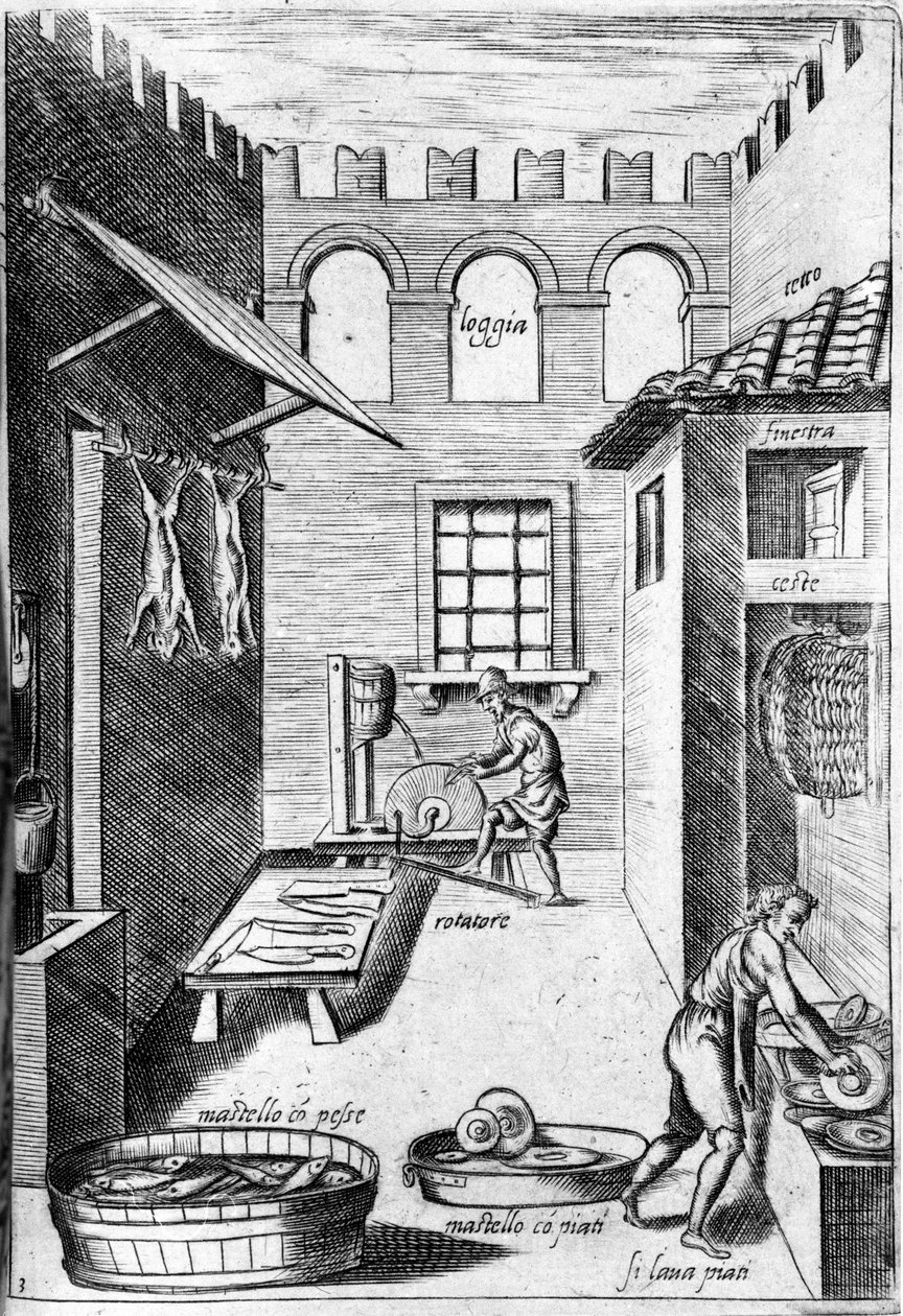 Vista de uma cozinha. No fundo, um homem afia as facas enquanto em frente a outro lava os pratos. Gravura de "Ópera", livro sobre gastronomia dividido em 6 partes, de Bartolomeo Scappi, cozinheiro pessoal do Papa Pio V. Veneza. de Italian School