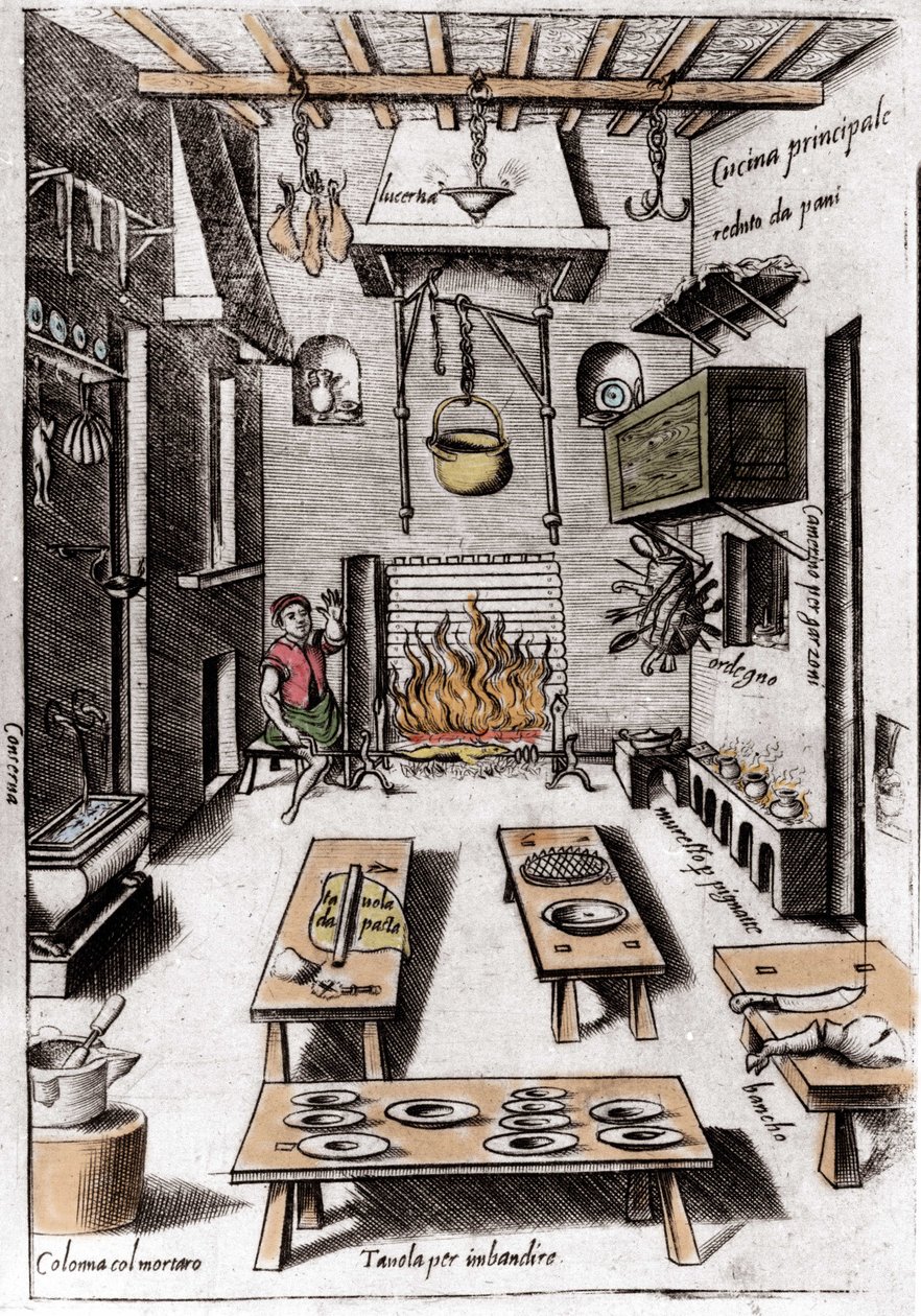 Vista de uma cozinha. Gravura de "Ópera", livro sobre gastronomia dividido em 6 partes, de Bartolomeo Scappi, cozinheiro pessoal do Papa Pio V. Veneza. de Italian School