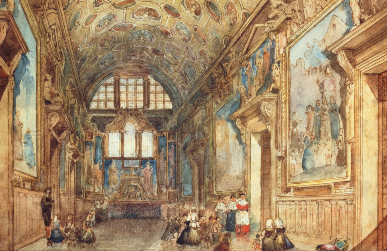 Vista de um interior do palácio dos doges em Veneza, c. 1840 (wc em pergaminho) de Italian School