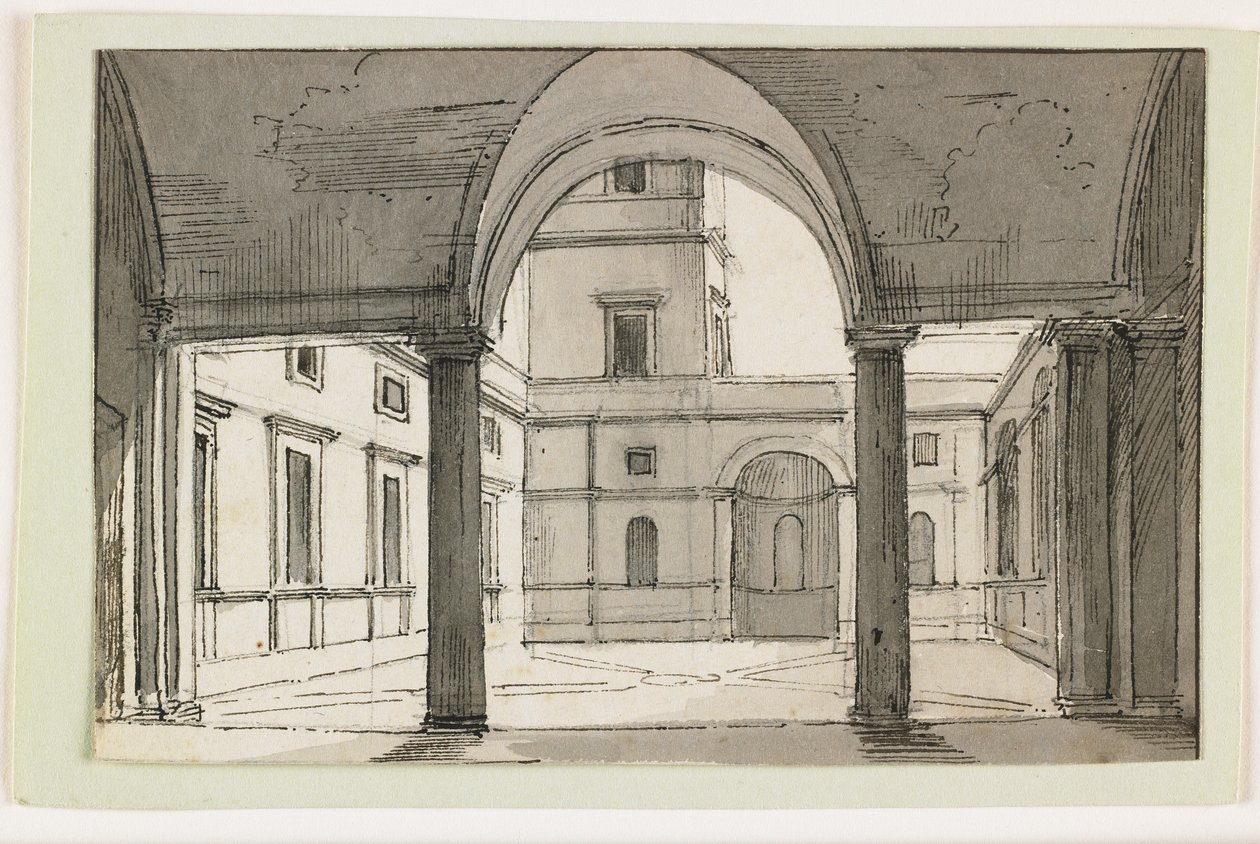 Vista, italiano, colonnade, pátio, cedo, 19o, século, (ink & brown, ink, grey, lavagem, sobre, pretas, chalk) de Italian School