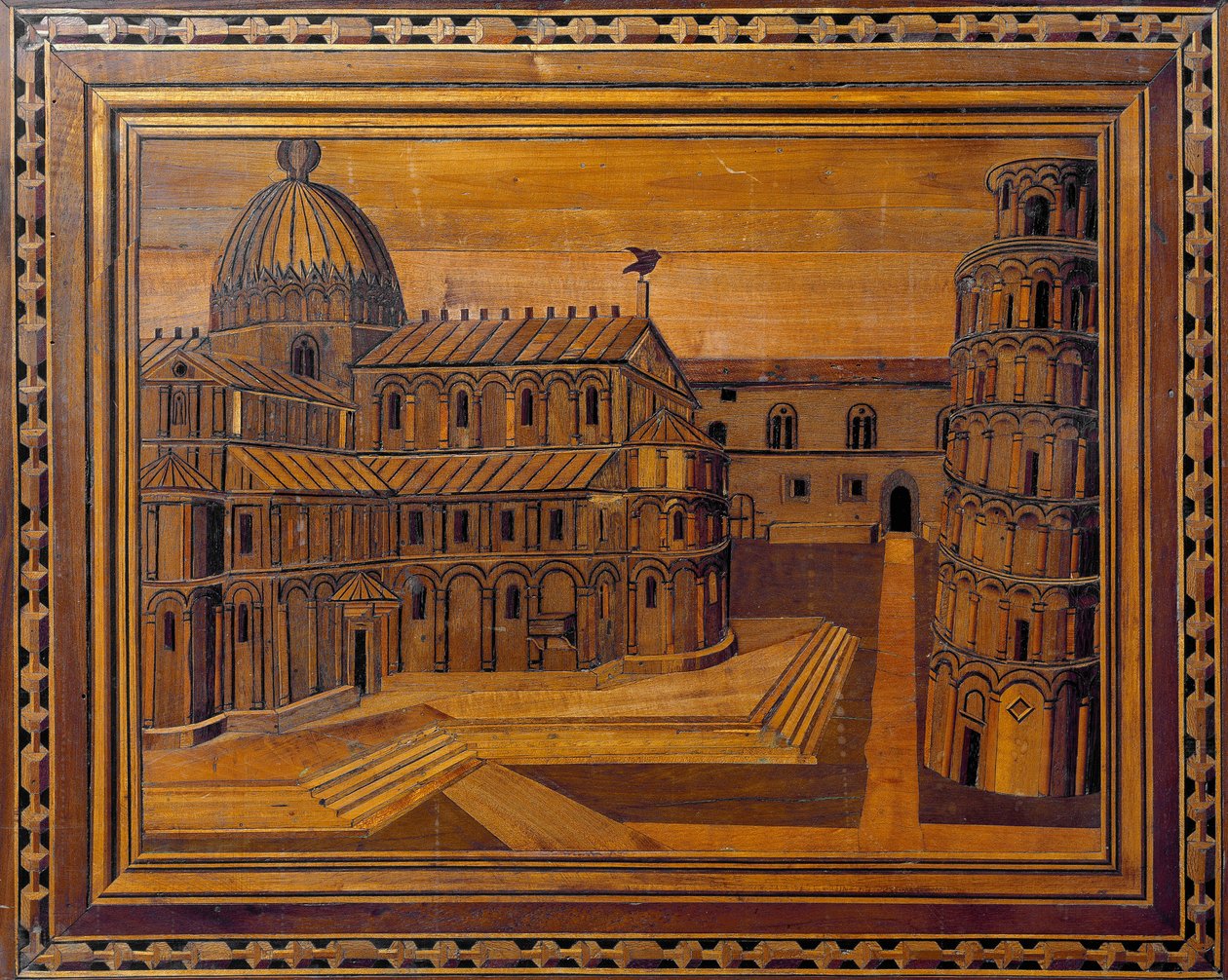 Vista da Catedral de Pisa (Duomo di Santa Maria Assunta di Pisa) e da Torre de Pisa (pendente Torre) na Praça dos Milagres (Piazza dei Miracoli) Marchetaria do século XV. Preservada no presbitério da catedral, Pisa de Italian School