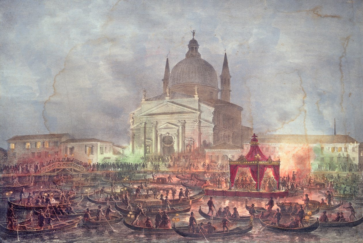 Vista, de, a, chiesa del redentore, e, barcos, ligado, dia carnaval de Italian School