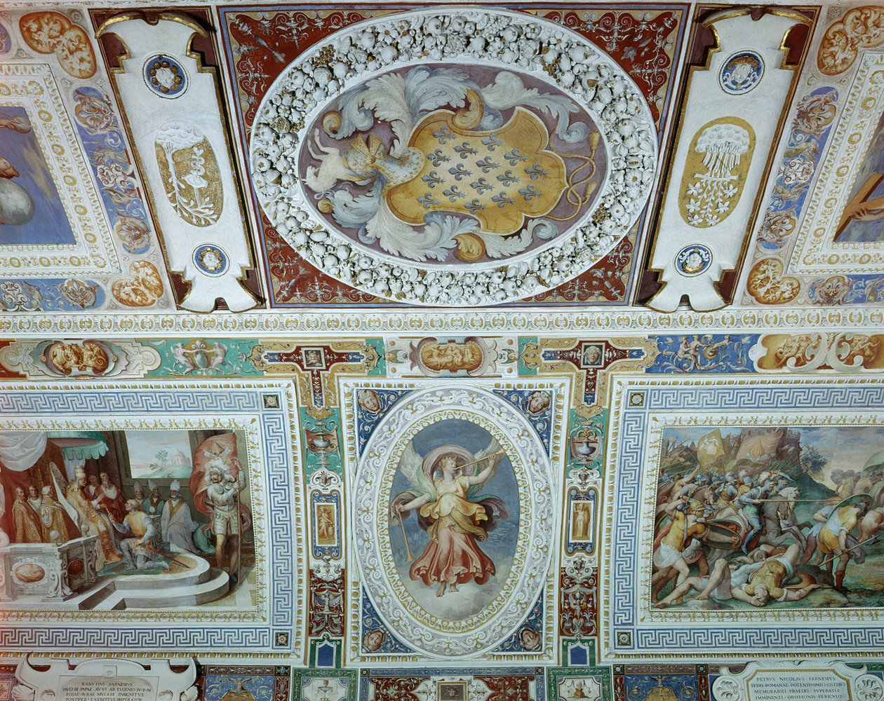 Vista da Sala dei Fasti Farnese (Salão dos Esplendores dos Farnese), concebida por Onofrio Panvinio e afrescada por Taddeo (1529-66) e Federico Zuccaro (1540-1609) 1557-83 (detalhe) de Italian School