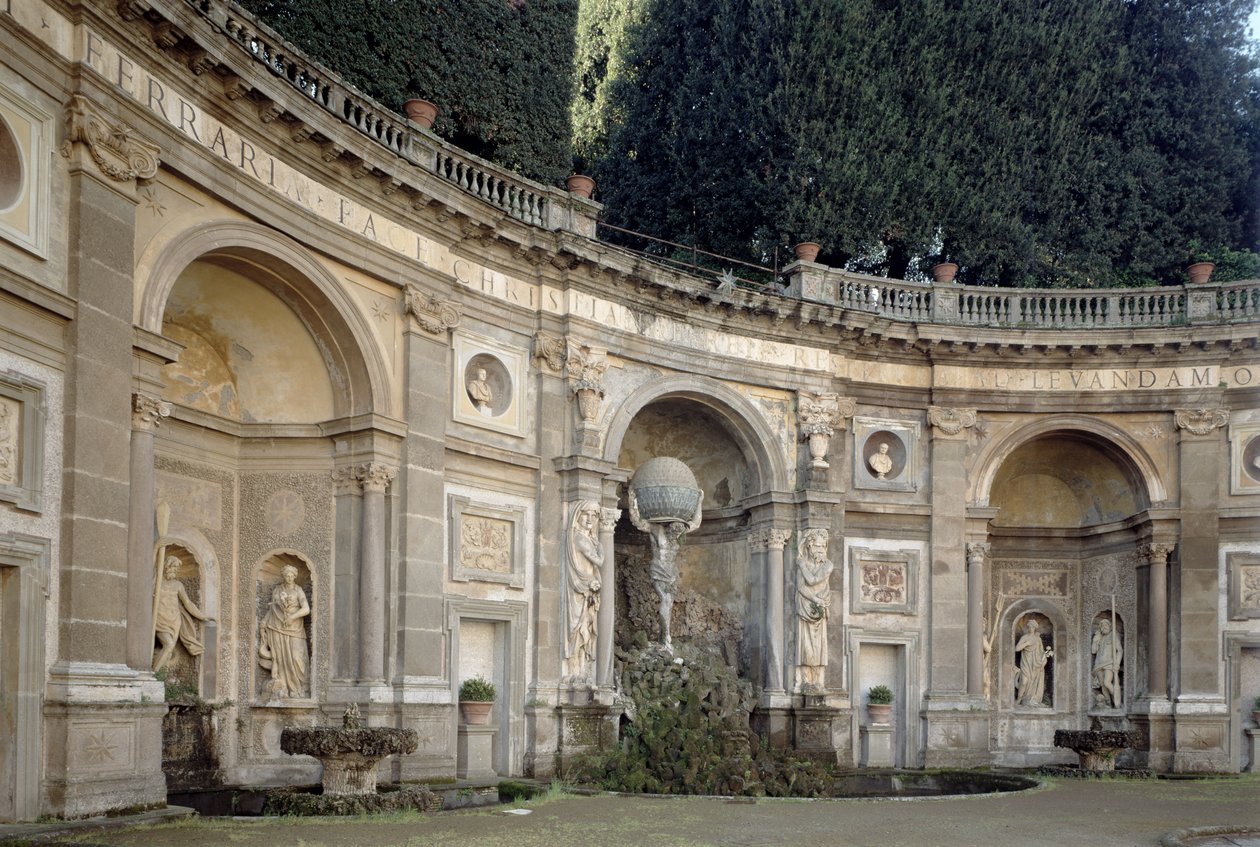 Vista do Teatro Aqua (Teatro Aquático), projetado por Giacomo della Porta (1532-1602) completado por Giovanni Fontana (1540-1614) e Carlo Maderno (1556-1629) 1601 de Italian School