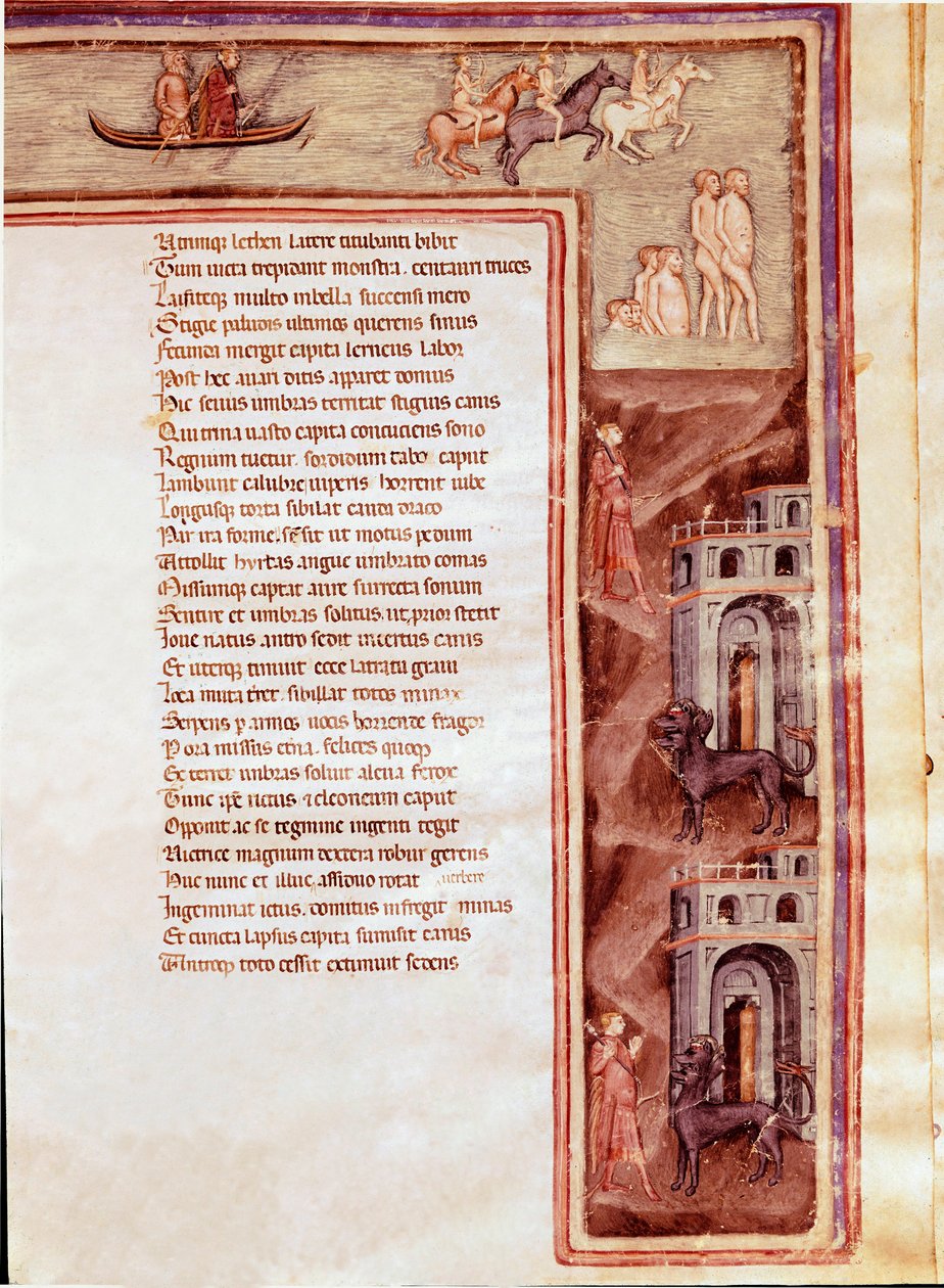 Vista do Submundo, Personagens e Monstros, ilustração para Furious Hercules de Seneque (Miniatura de Italian School