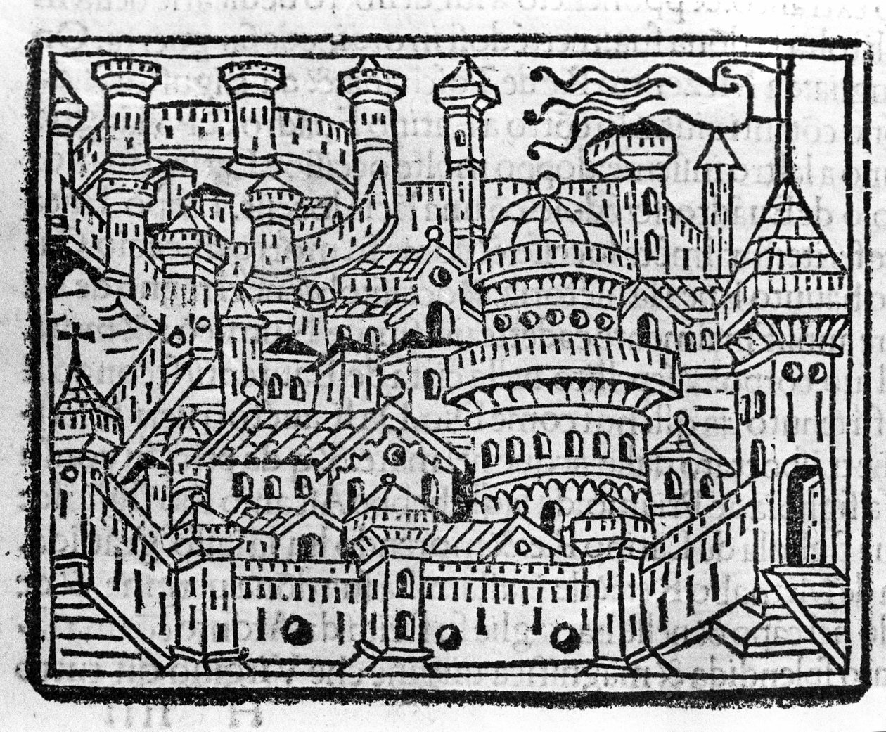 Vista da cidade de Aosta na Itália. Gravura em "Supplemento alle cronache" de Fra Jacopo Filippo Foresti, Veneza de Italian School