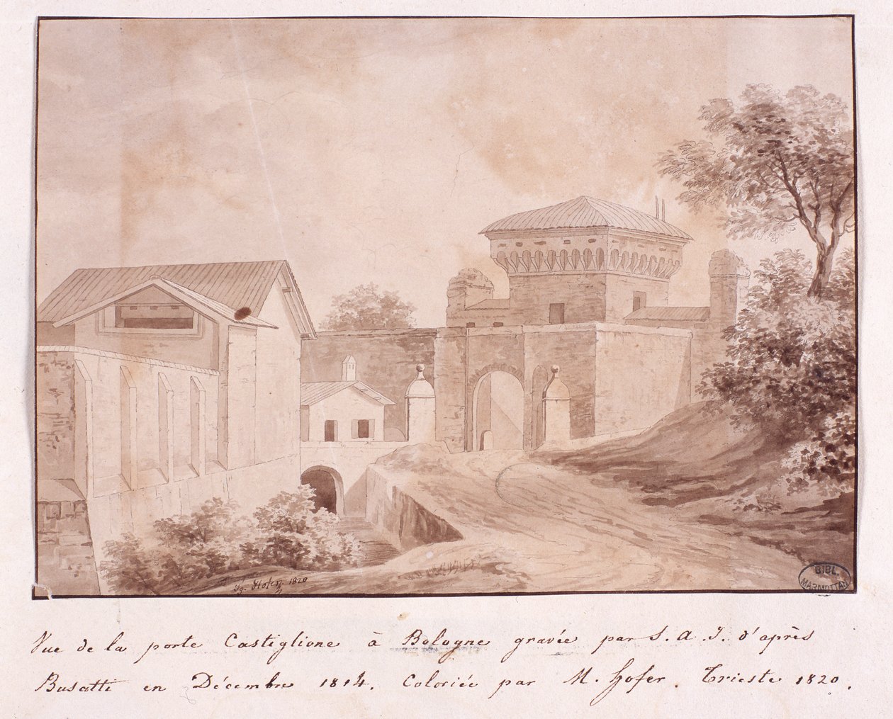 Vista da porta da Castiglione em Bolonha, gravada por S.A.I. após Busatti, Dezembro de 1814 (gravação a cores) de Italian School
