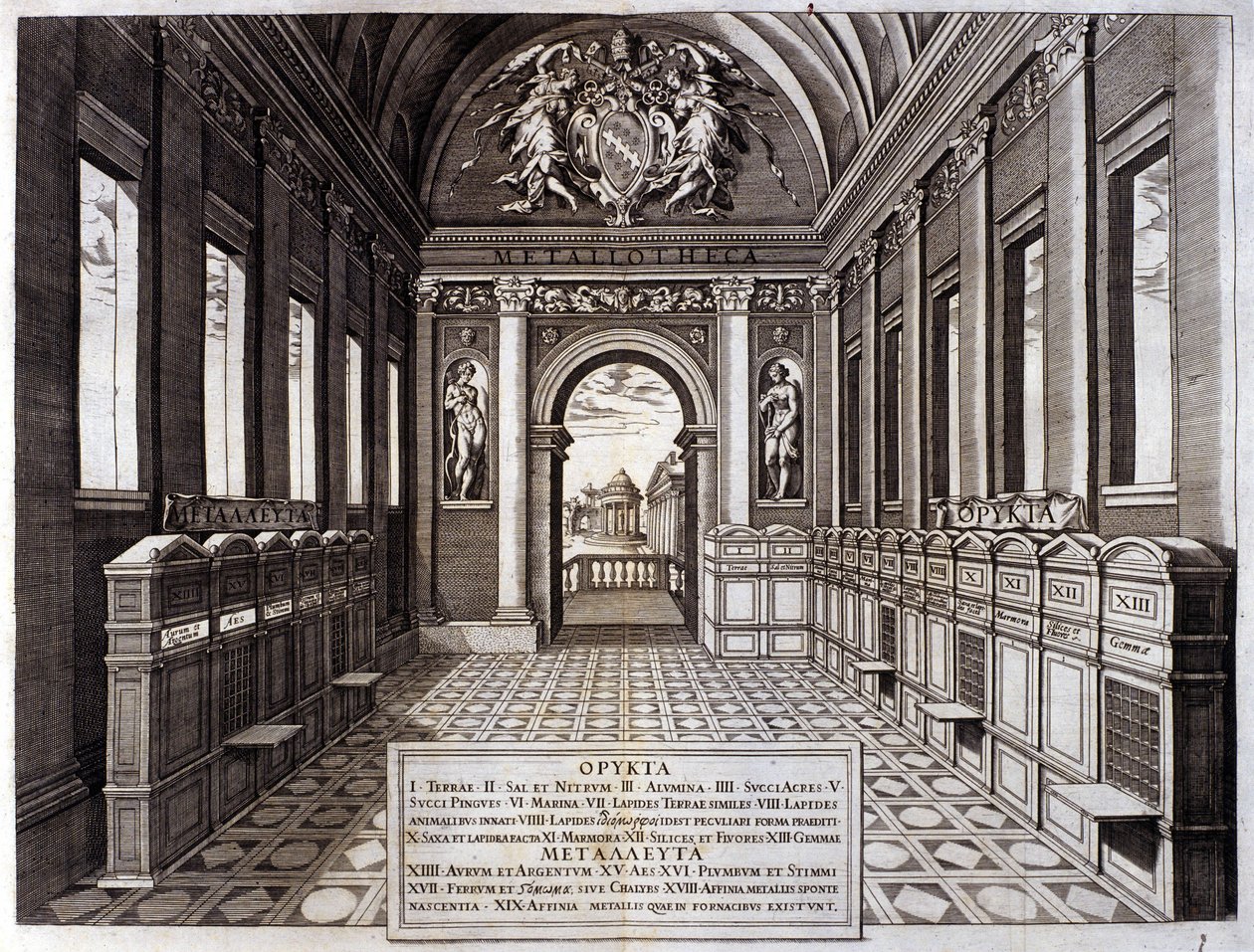 Vista do museu de Michele Mercati (1541-1595), comissário de bordo do Jardim Botânico do Vaticano. Gravura de "Metallotheca..." Roma 1717 - 1719 de Italian School