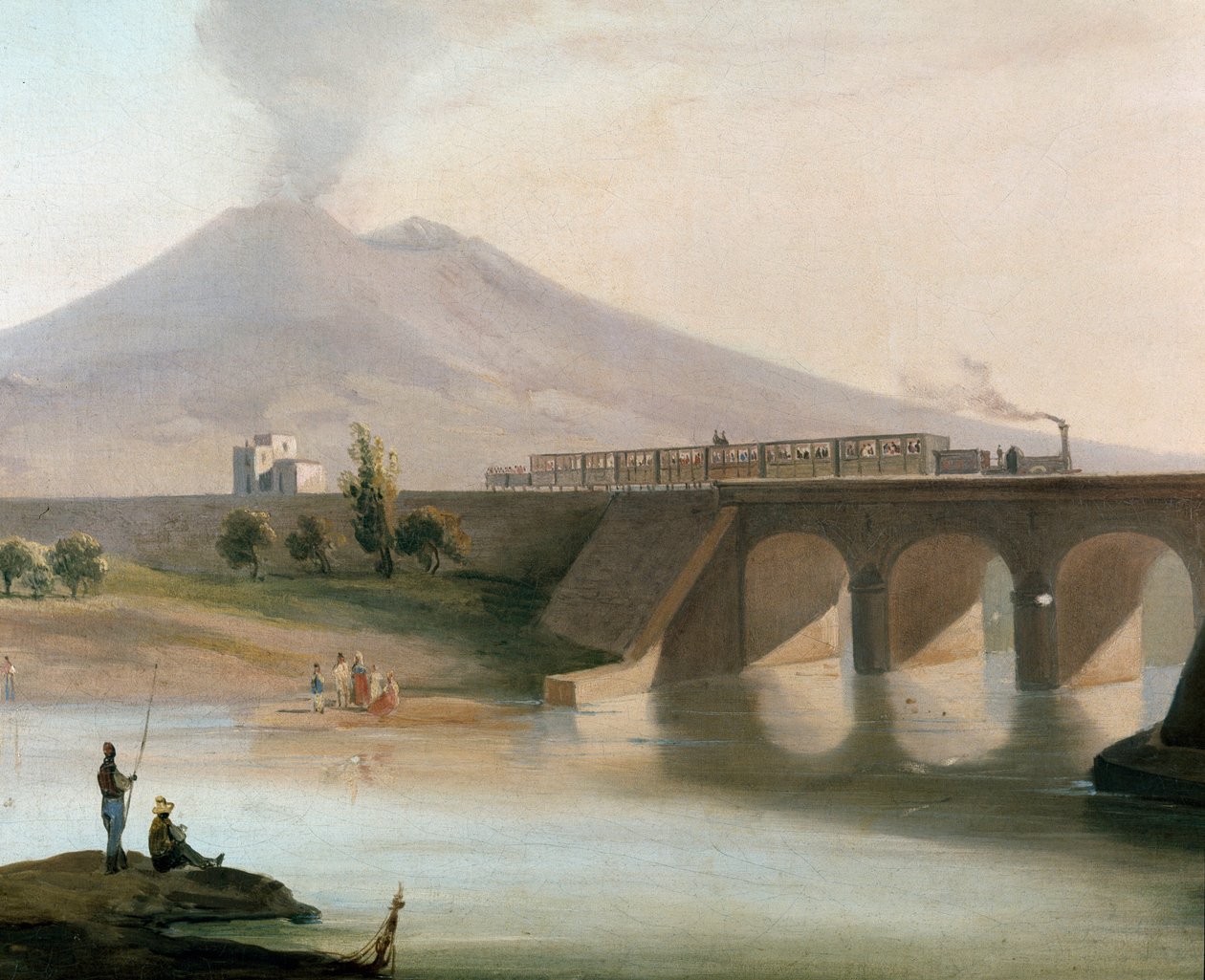 Vista da linha ferroviária entre Torre Annunziata e Nocera na região de Nápoles, inaugurada em 1844, o Vesúvio é visível ao fundo (Vista da linha ferroviária entre Torre Annunziata e Nocera perto de Nápoles) - Pintura do Museo Nazio do século XIX de Italian School