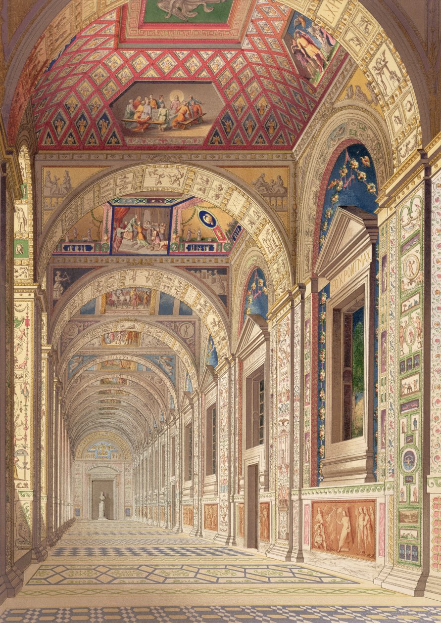 Vista do segundo andar Loggia no Vaticano, com decoração de Rafael, de Delle Loggie di Rafaele nel Vaticano, publicado como folha solta na edição de 1814 (gravura colorida à mão) de Italian School