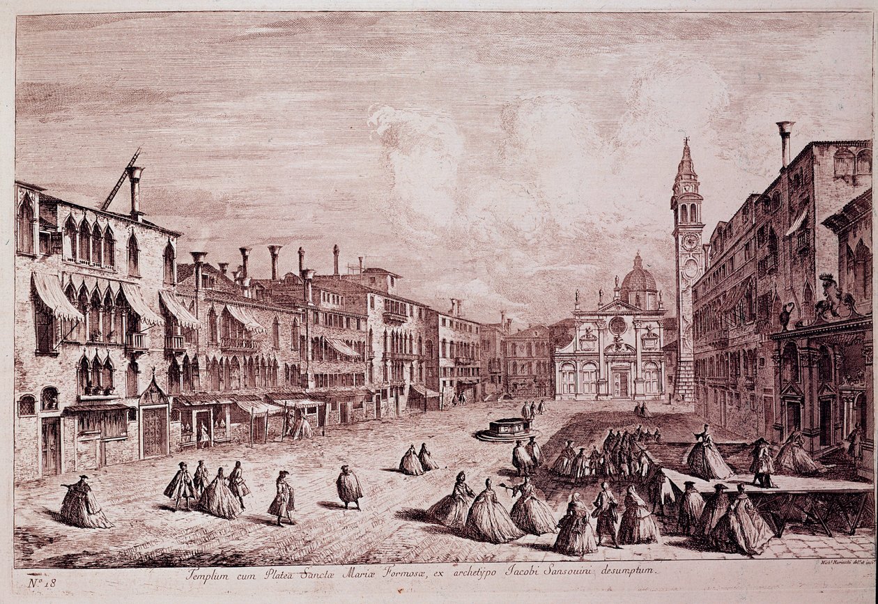 Vista da praça da igreja de Santa Maria Formosa a Veneza Gravura de "Magnificentiores Selectioresque Urbis Venetiarum Prospectus" de Michele Marieschi (1710-1743) 1741 Veneza, Museo Correr de Italian School