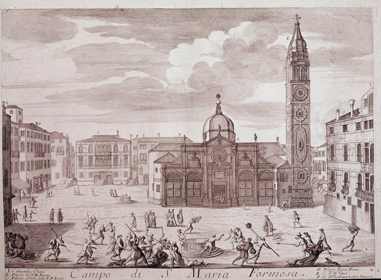 Vista da praça da igreja de Santa Maria Formosa a Veneza Gravura do "Teatro di Venezia" Veneza do século XVIII, Museo Correr de Italian School