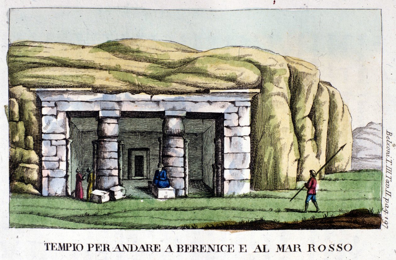 Vista do templo a caminho de Berenice hoje Benghazi e do Mar Vermelho. O autor, Giovanni Battista (Gianbattista) Belzoni (1778-1823), é um explorador e arqueólogo italiano que fez importantes descobertas arqueológicas no Egito. Engravin de Italian School
