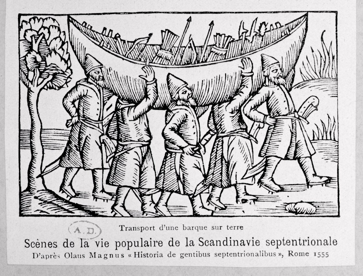 Vikings que levam um barco para a Rússia, a partir de uma história dos povos do Norte por Olaus Magnus (1490-1558), publicado em Roma, 1555 de Italian School
