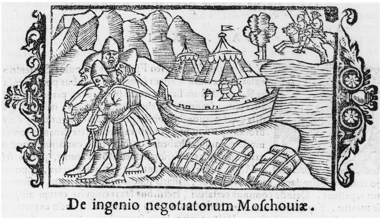 Vikings que levam um barco para a Rússia, a partir de uma descrição do Norte por Olaus Magnus (1490-1558), publicado em Roma, 1555 de Italian School