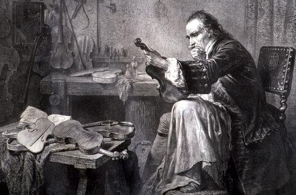 Fabricante de violinos na sua oficina (gravura) de Italian School