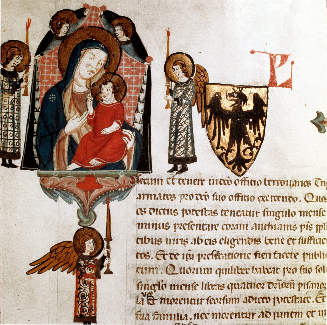 Pormenores da Virgem e da Criança. Miniatura extraída de "Breve Populi et Compagniarum Pisani Communis" (Estatutos da Cidade de Pisa) 1300-1308 Pisa archivio di stato de Italian School