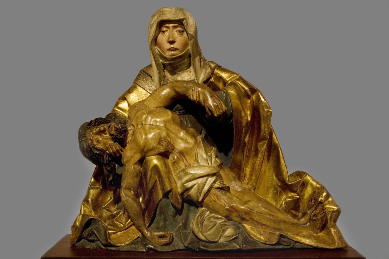 Virgem de misericórdia para com Cristo que morreu por volta de 1510-1520, região do Tirol do Sul, escultura de predela em madeira pintada e seca, preservada no Musee Bonnat de Bayonne. Fotografia de Selva, 2008. de Italian School