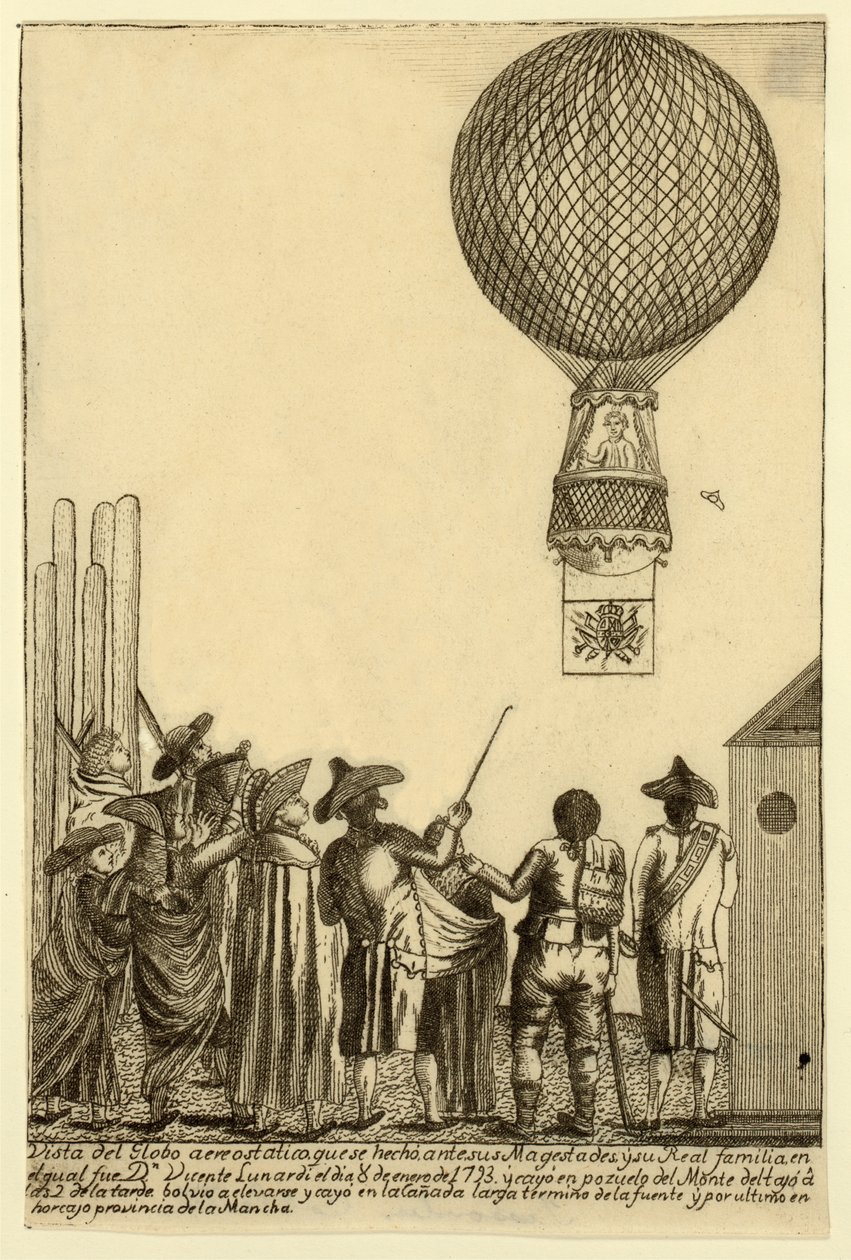 Vista do balão de ar quente que foi feito antes de sua majestade pub. 1793. de Italian School