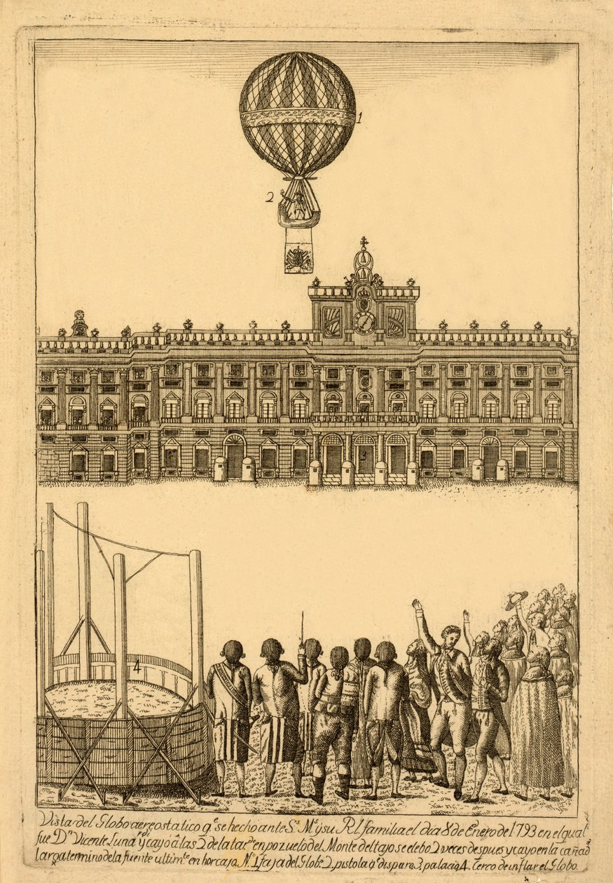 Vista do balão de ar quente. se fez ante, pub. 1793. de Italian School
