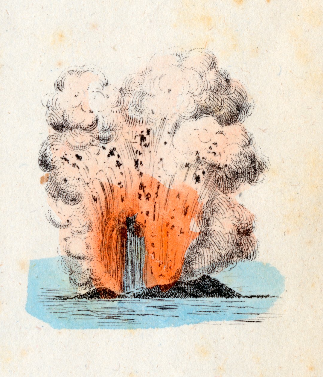 Vulcão das Ilhas Eolianas em erupção, com uma grande jorrada de lava acompanhada na explosão por uma abundante quantidade de gás e cinzas, Litografia Corbetta, Milão de Italian School