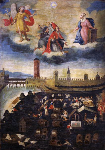 Bandeira votiva retratando a praga em Trento em 1636 de Italian School