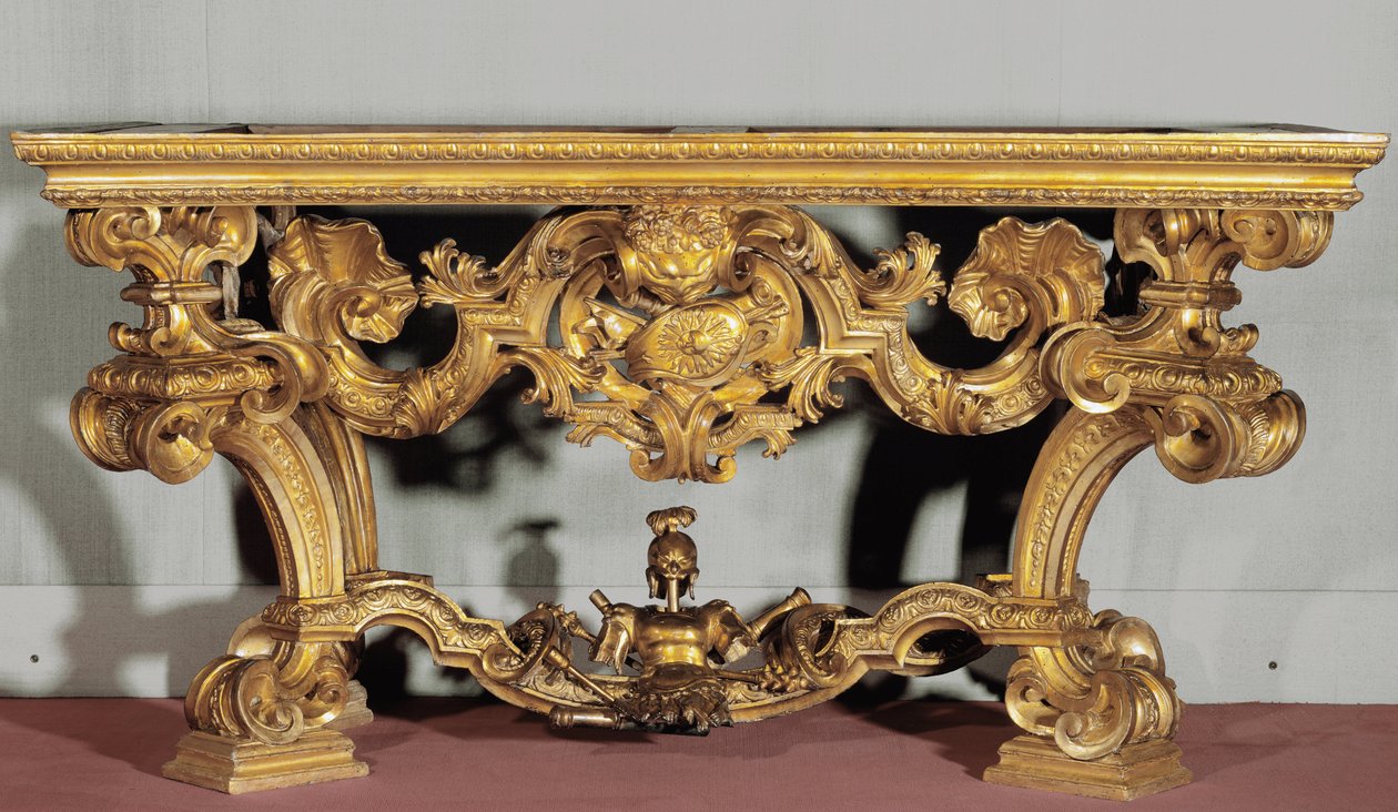Mesa de parede com tampo em albatroz feita por um artista genovês (século XVIII) esculpida em madeira dourada de Italian School