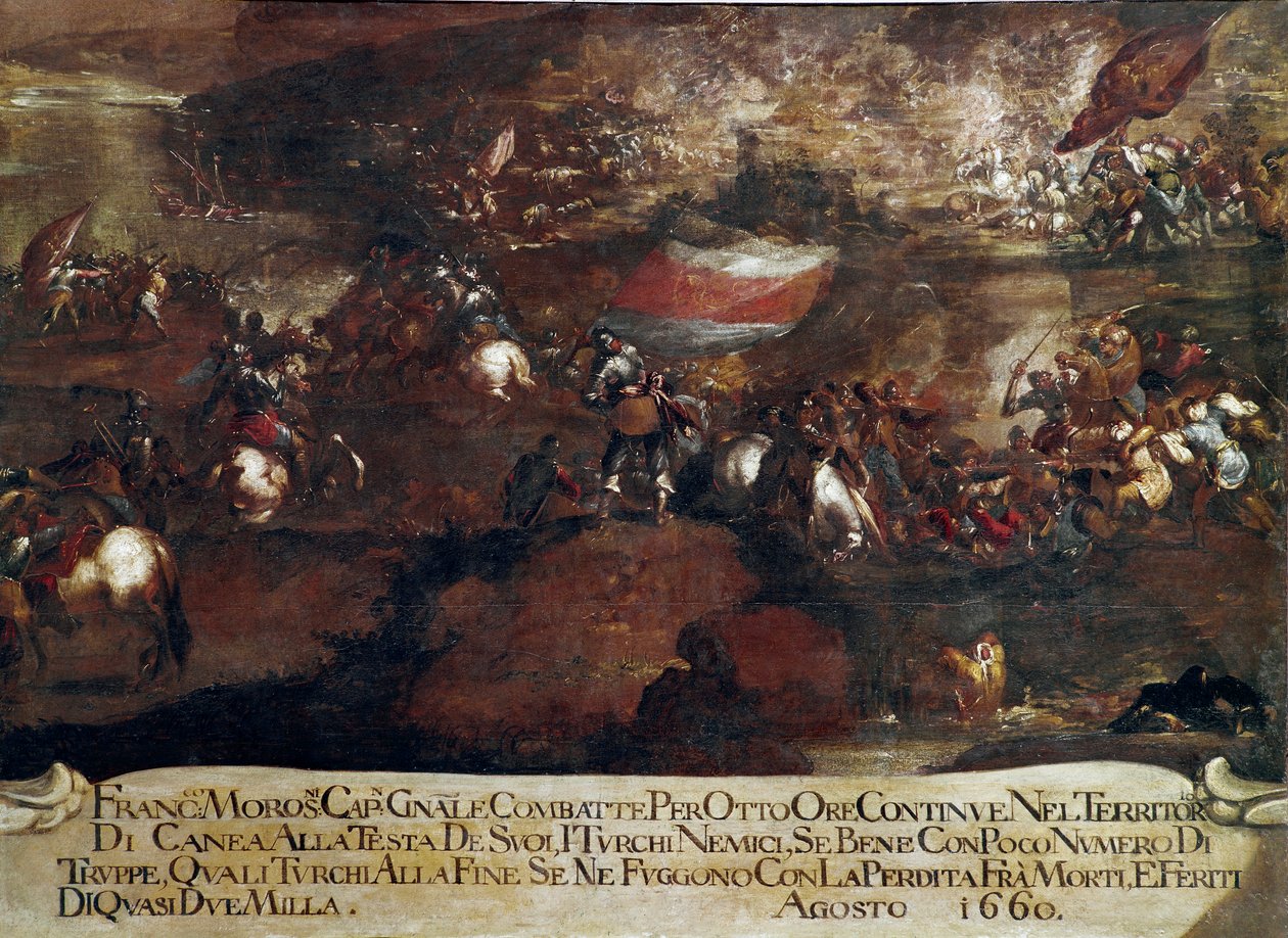 Guerra da Candia (Creta):: "Batalha de Chania liderada por Francesco Morosini (1619-1694) em agosto de 1660" (Guerra Creta (1645-69): o assalto de Canea liderado por Francesco Morosini em agosto de 1660) Pintura da escola veneziana de Italian School