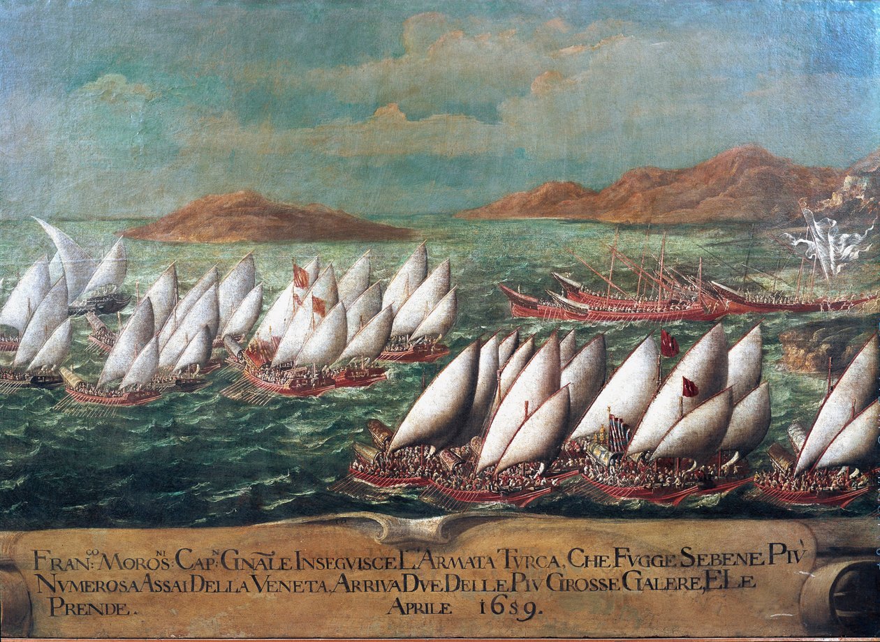 Guerra de Candia (Creta): a frota veneziana durante a campanha liderada por Doge Francesco Morosini contra os turcos em 1659 Pintura da escola veneziana. Século XVII - Veneza, Museu Correr de Italian School