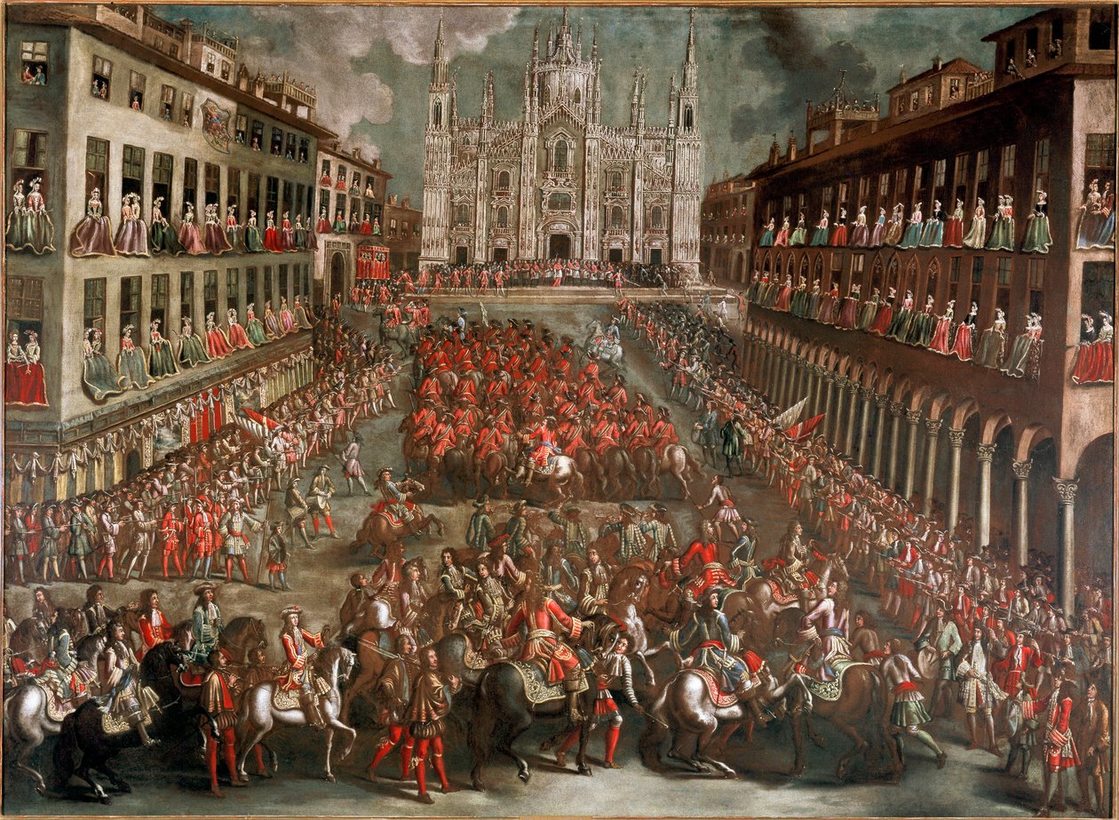 Guerra da Sucessão Espanhola: "Festas organizadas para celebrar a entrada em Milão do Príncipe Eugenio di Savoia (1663-1736) à frente do exército vitorioso após a batalha de Turim em 24/09/1706" (celebração na Piazza Duomo em Milão para o vitorioso de Italian School