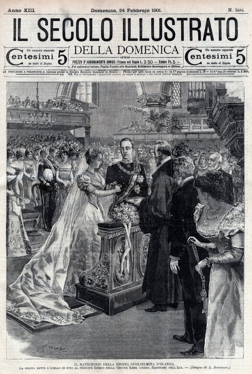 Casamento da rainha Wilhelmina da Holanda e do duque Henri de Mecklembourg 1901 - Casamento da rainha Wilhelmine da Holanda (1880-1962) e do duque Henri de Mecklembourg Schwerin (1876-1934) - capa do "Il secolo illustrato" de 24 de Fevereiro de 1901 de Italian School