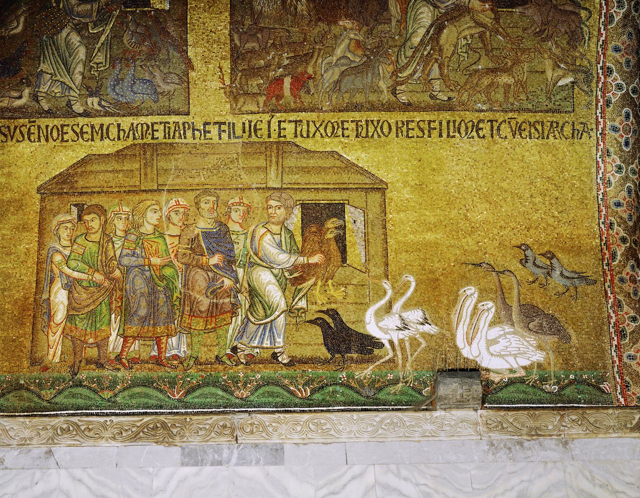 Enquanto a sua família espera para entrar a bordo, Noé ajuda os animais a entrar na Arca ... (mosaico) de Italian School