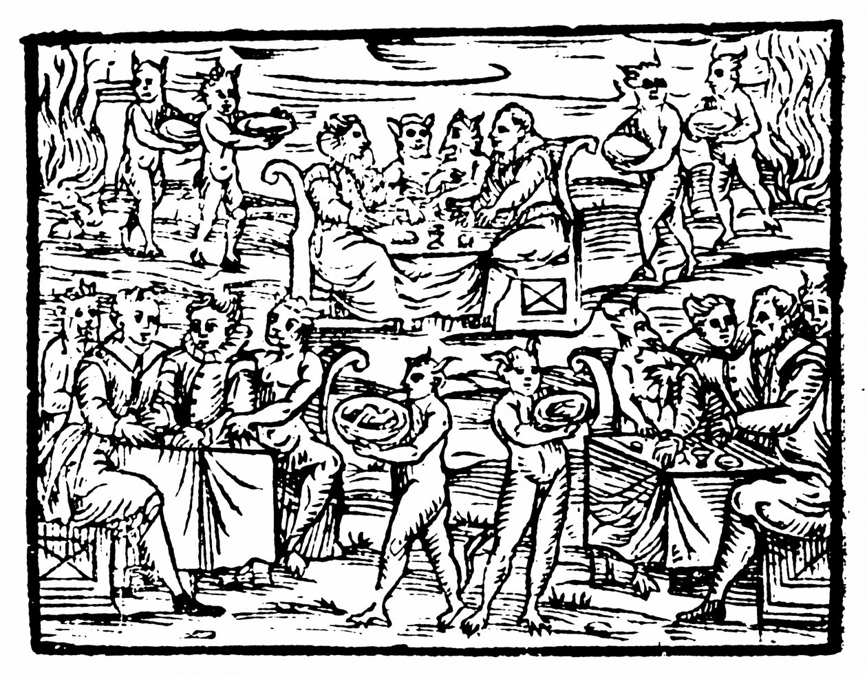 Bruxas e feiticeiros festejando no sábado, ilustração do Compendium Maleficarum por Francesco Maria Guazzo, 1608 de Italian School