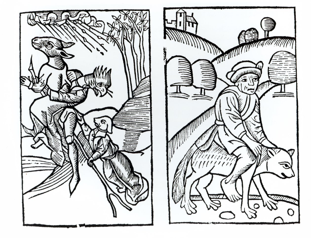 Bruxas disfarçadas de animais que montam um cabo de vassoura (à esquerda) e bruxas masculinas montadas em um lobo (à direita), cópias de ilustrações do Compendium Maleticarum do Pe. M. Guaccius, Milão 1608, usadas na História da Magia. de Italian School
