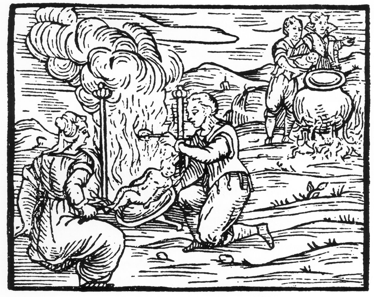 Bruxas assando e fervendo crianças, cópia de uma ilustração do Compendium Maleticarum por Pe. M. Guaccius, Milão 1608, usado em History of Magic, publicado no final do século XIX de Italian School