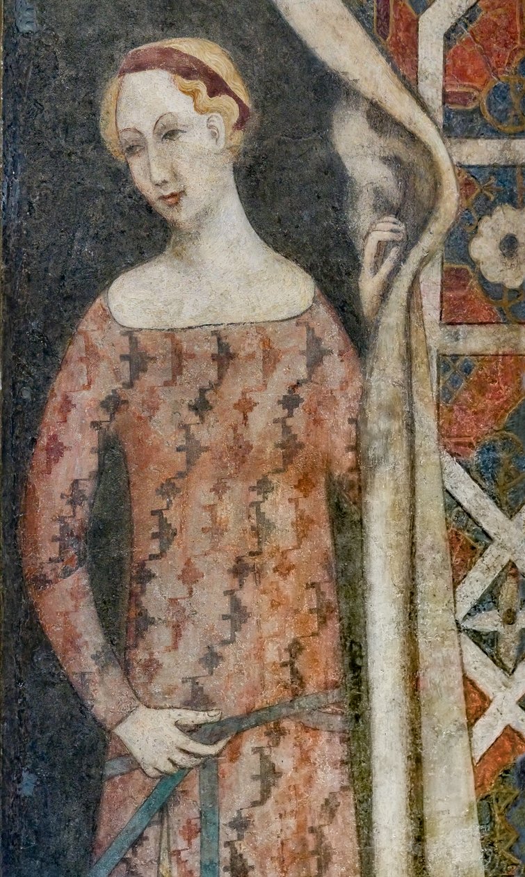 Mulher desenhando uma cortina com um padrão geométrico, início do século XV (fresco) de Italian School