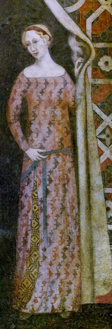 Mulher desenhando uma cortina com um padrão geométrico, início do século XV (fresco) de Italian School