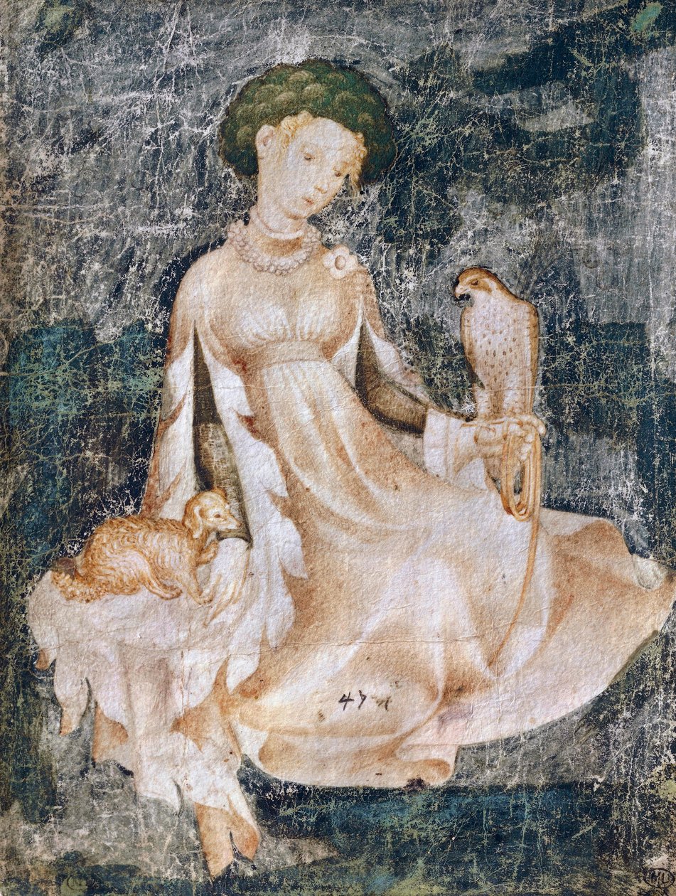Mulher sentada no chão com cachorro e falcão, desenho em aquarela, França de Italian School