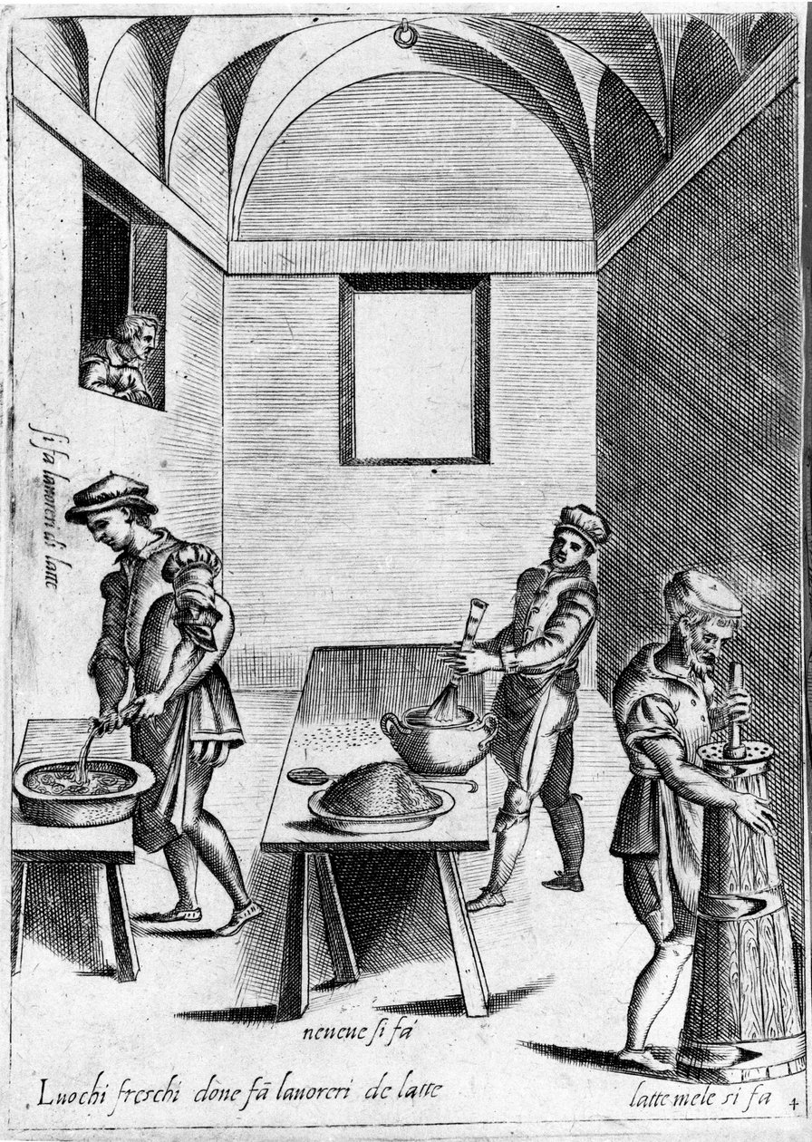Leite de trabalho (produto lácteo) em local fresco. Gravura de "Ópera", livro sobre gastronomia dividido em 6 partes, de Bartolomeo Scappi, cozinheiro pessoal do Papa Pio V. Veneza. de Italian School